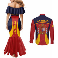 spain-football-couples-matching-mermaid-dress-and-long-sleeve-button-shirts-la-roja-2023-sporty-style