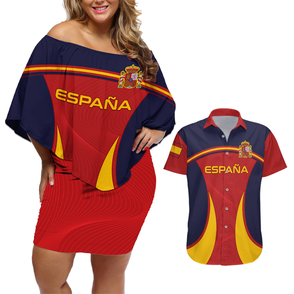 Spain Football Couples Matching Off Shoulder Short Dress and Hawaiian Shirt La Roja 2024 Sporty Style - Wonder Print Shop