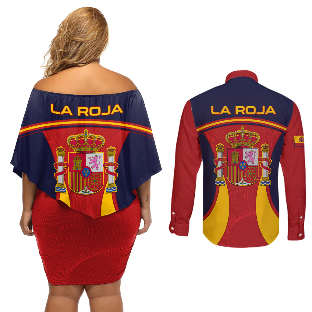 Spain Football Couples Matching Off Shoulder Short Dress and Long Sleeve Button Shirts La Roja 2024 Sporty Style - Wonder Print Shop