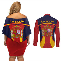 Spain Football Couples Matching Off Shoulder Short Dress and Long Sleeve Button Shirts La Roja 2024 Sporty Style - Wonder Print Shop