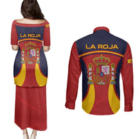 Spain Football Couples Matching Puletasi Dress and Long Sleeve Button Shirts La Roja 2024 Sporty Style - Wonder Print Shop