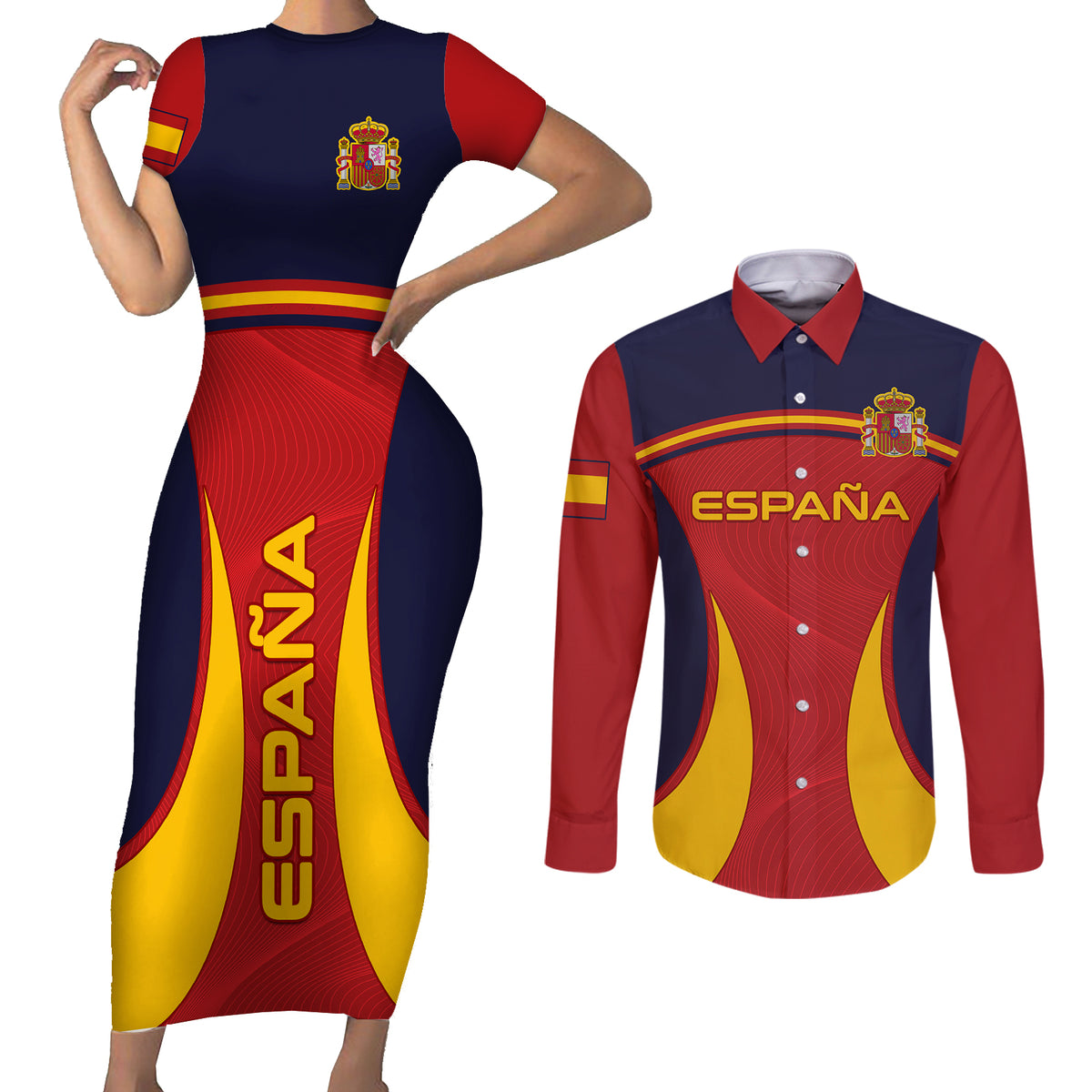 Spain Football Couples Matching Short Sleeve Bodycon Dress and Long Sleeve Button Shirts La Roja 2024 Sporty Style - Wonder Print Shop