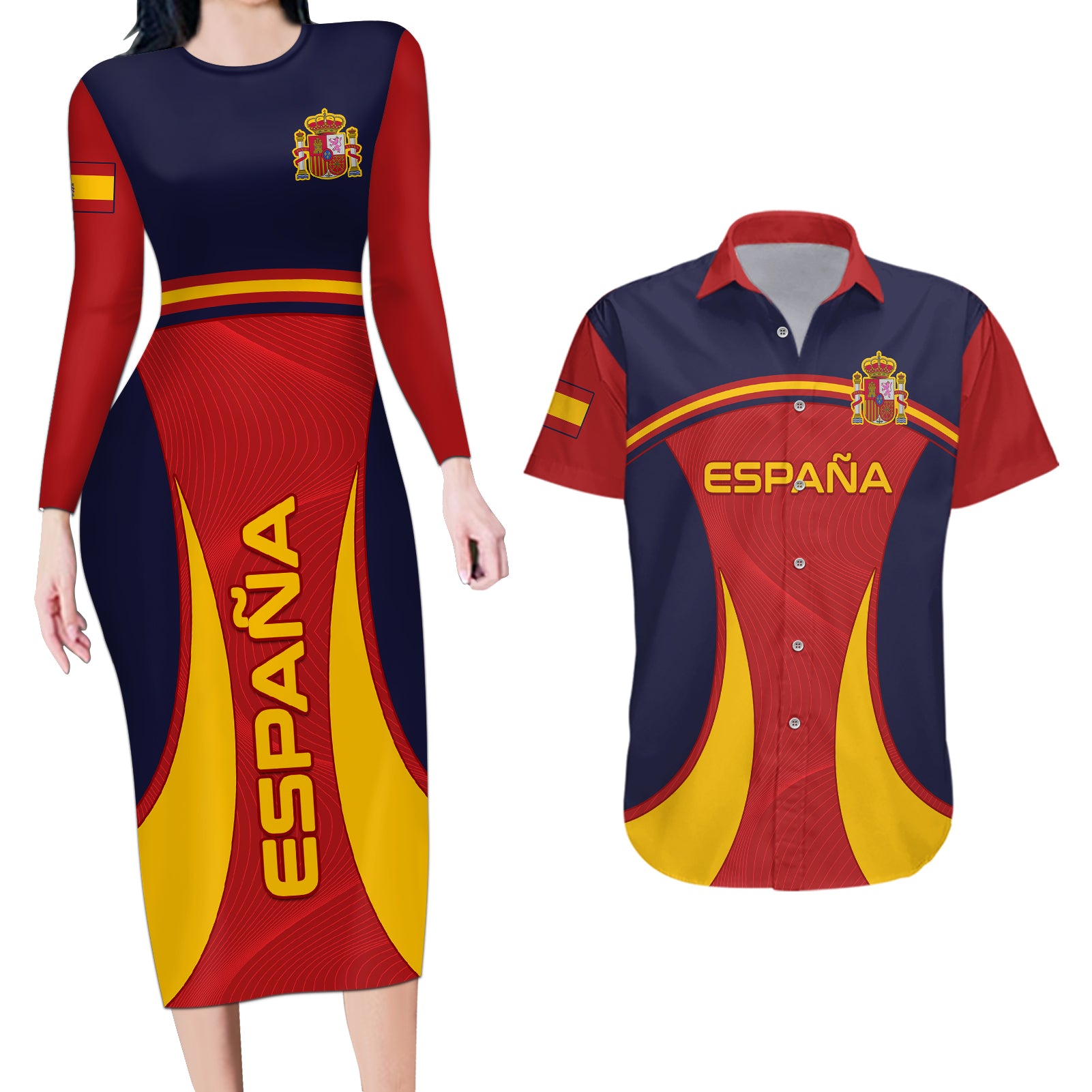 Custom Spain Football Couples Matching Long Sleeve Bodycon Dress and Hawaiian Shirt La Roja 2024 Sporty Style - Wonder Print Shop