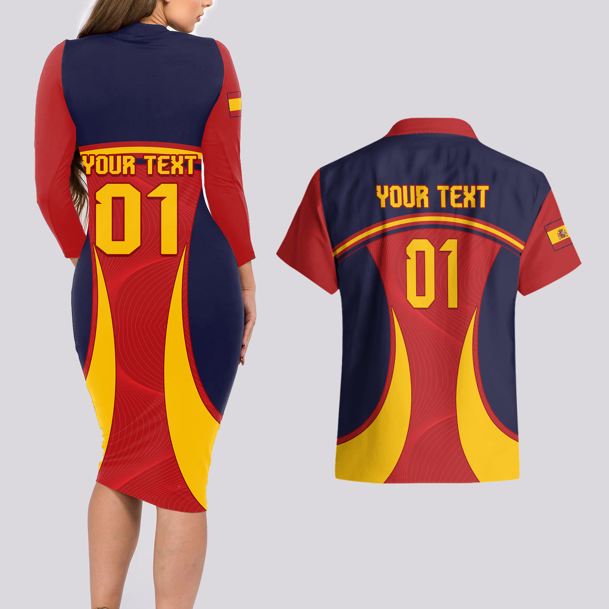 Custom Spain Football Couples Matching Long Sleeve Bodycon Dress and Hawaiian Shirt La Roja 2024 Sporty Style - Wonder Print Shop
