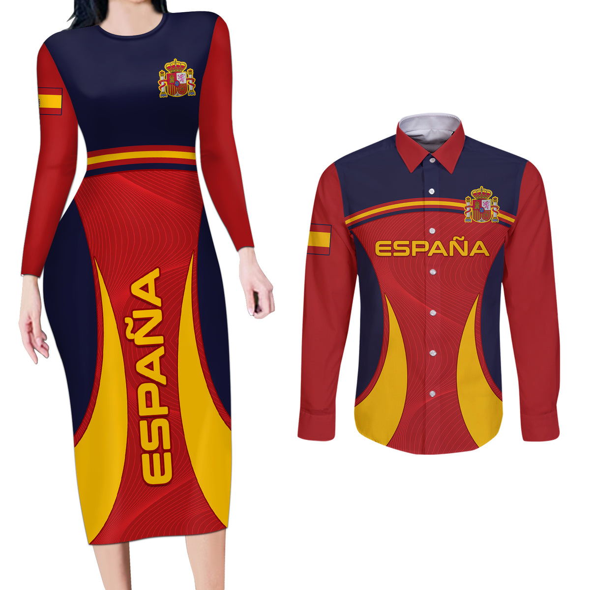 Custom Spain Football Couples Matching Long Sleeve Bodycon Dress and Long Sleeve Button Shirts La Roja 2024 Sporty Style - Wonder Print Shop