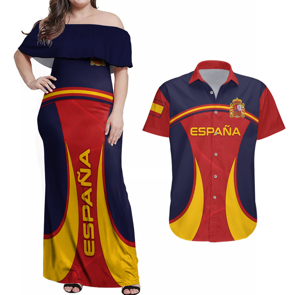 Custom Spain Football Couples Matching Off Shoulder Maxi Dress and Hawaiian Shirt La Roja 2024 Sporty Style - Wonder Print Shop