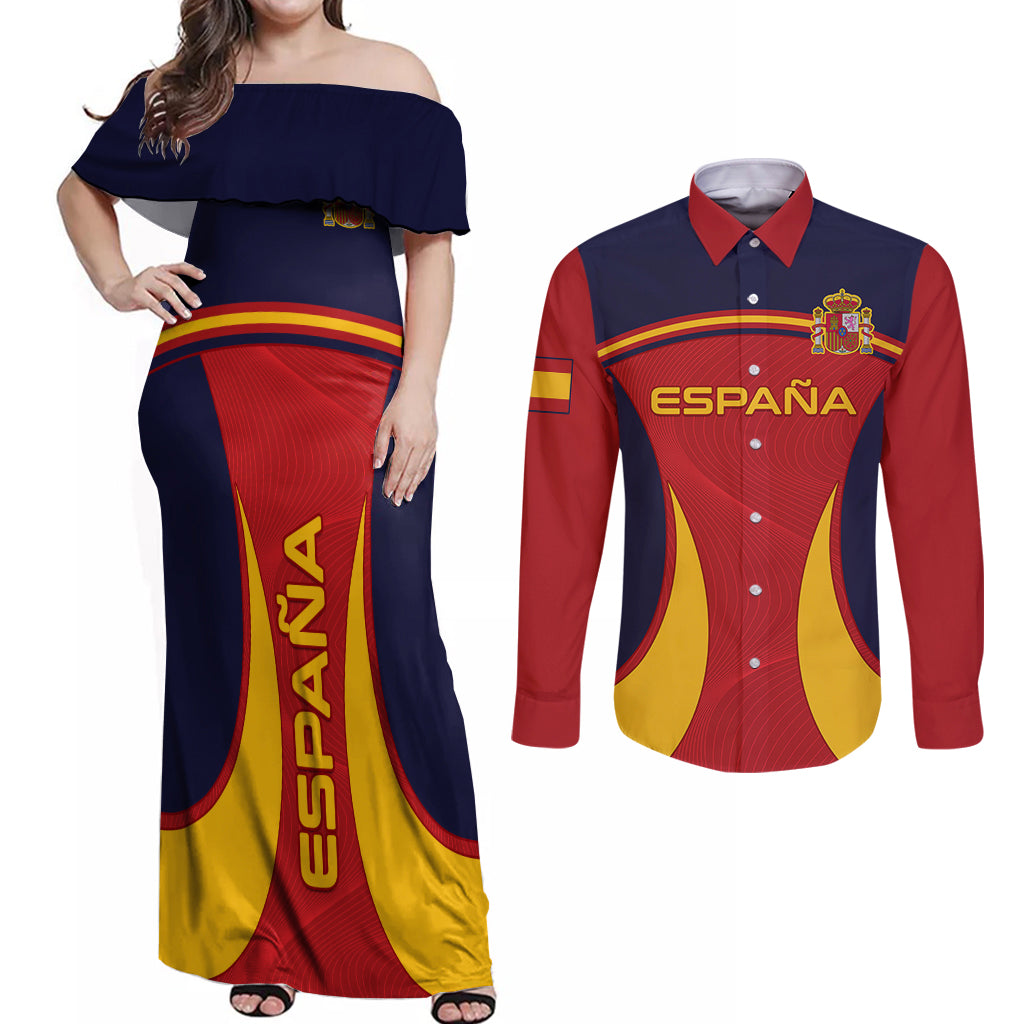 Custom Spain Football Couples Matching Off Shoulder Maxi Dress and Long Sleeve Button Shirts La Roja 2024 Sporty Style - Wonder Print Shop