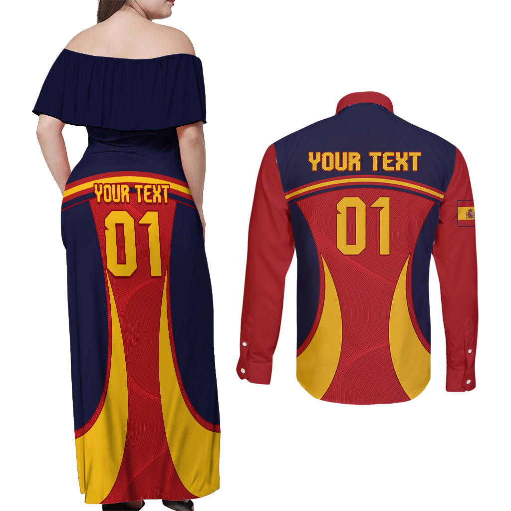 Custom Spain Football Couples Matching Off Shoulder Maxi Dress and Long Sleeve Button Shirts La Roja 2024 Sporty Style - Wonder Print Shop