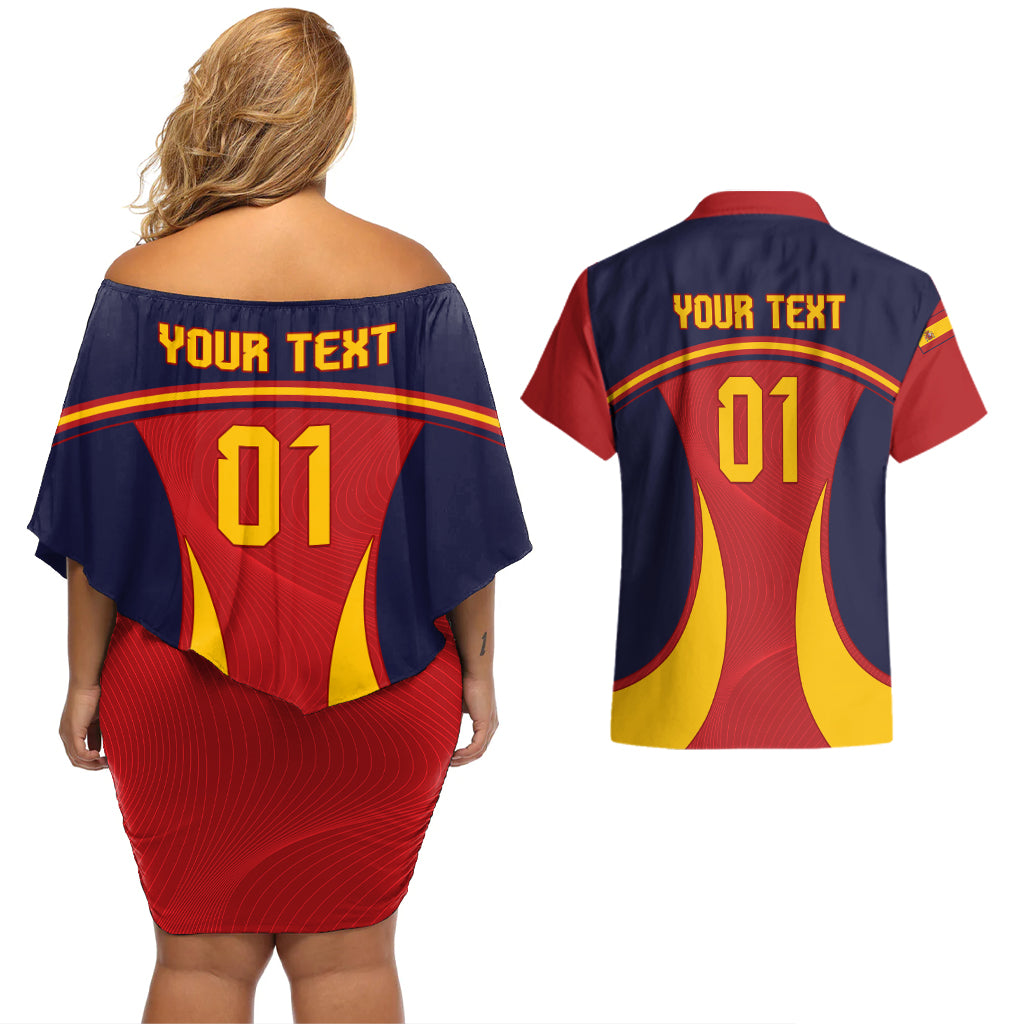 Custom Spain Football Couples Matching Off Shoulder Short Dress and Hawaiian Shirt La Roja 2024 Sporty Style - Wonder Print Shop