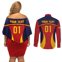 Custom Spain Football Couples Matching Off Shoulder Short Dress and Long Sleeve Button Shirts La Roja 2024 Sporty Style - Wonder Print Shop