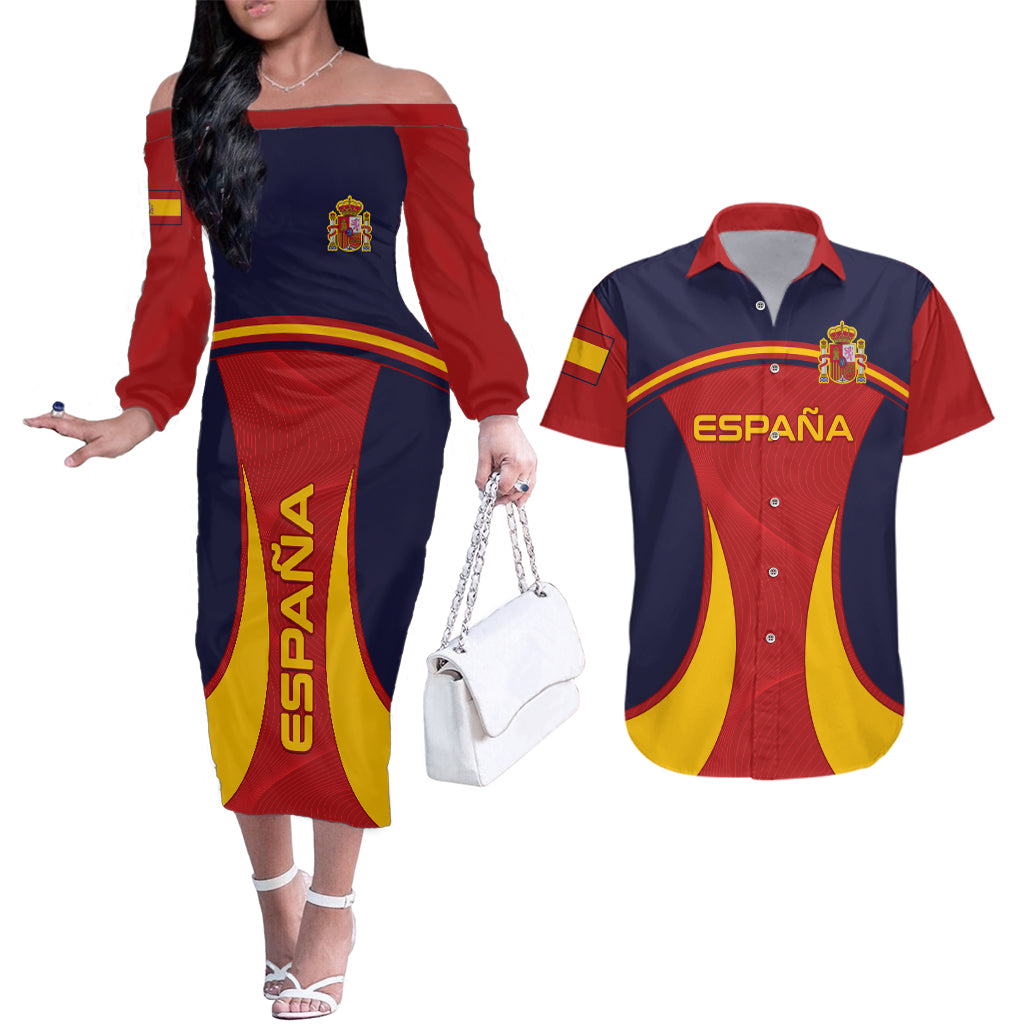 Custom Spain Football Couples Matching Off The Shoulder Long Sleeve Dress and Hawaiian Shirt La Roja 2024 Sporty Style - Wonder Print Shop