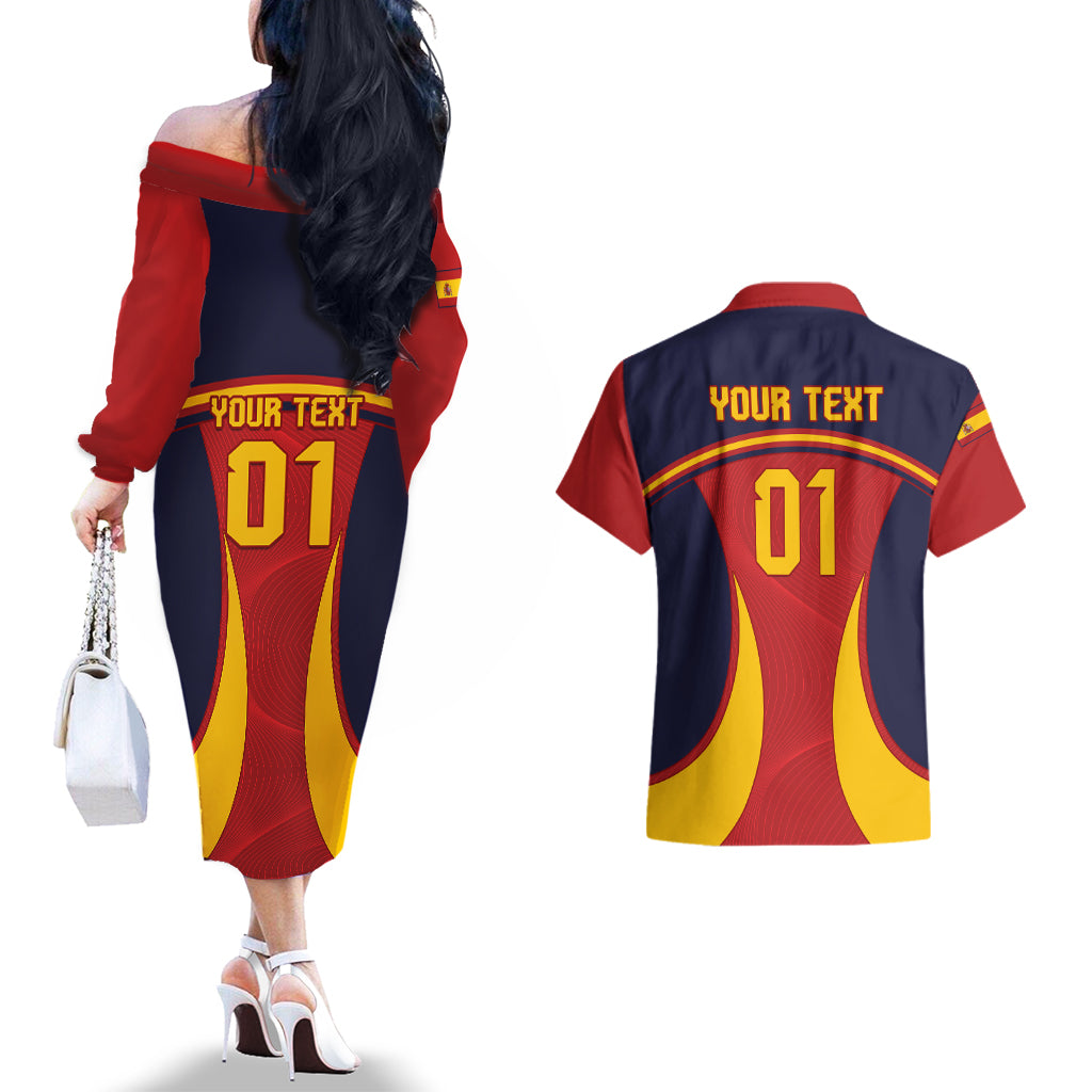 Custom Spain Football Couples Matching Off The Shoulder Long Sleeve Dress and Hawaiian Shirt La Roja 2024 Sporty Style - Wonder Print Shop