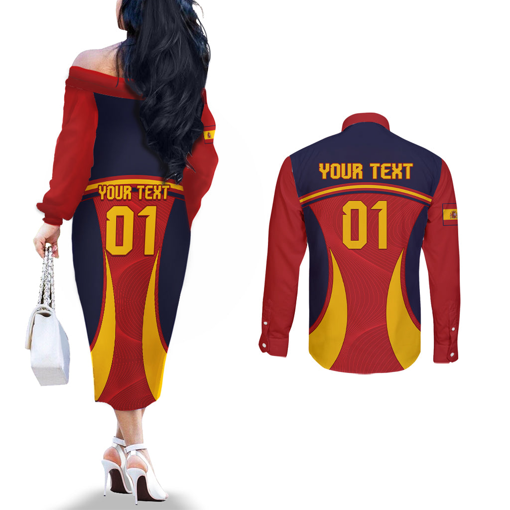 custom-spain-football-couples-matching-off-the-shoulder-long-sleeve-dress-and-long-sleeve-button-shirts-la-roja-2023-sporty-style