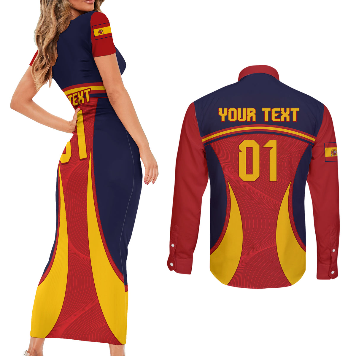 Custom Spain Football Couples Matching Short Sleeve Bodycon Dress and Long Sleeve Button Shirts La Roja 2024 Sporty Style - Wonder Print Shop