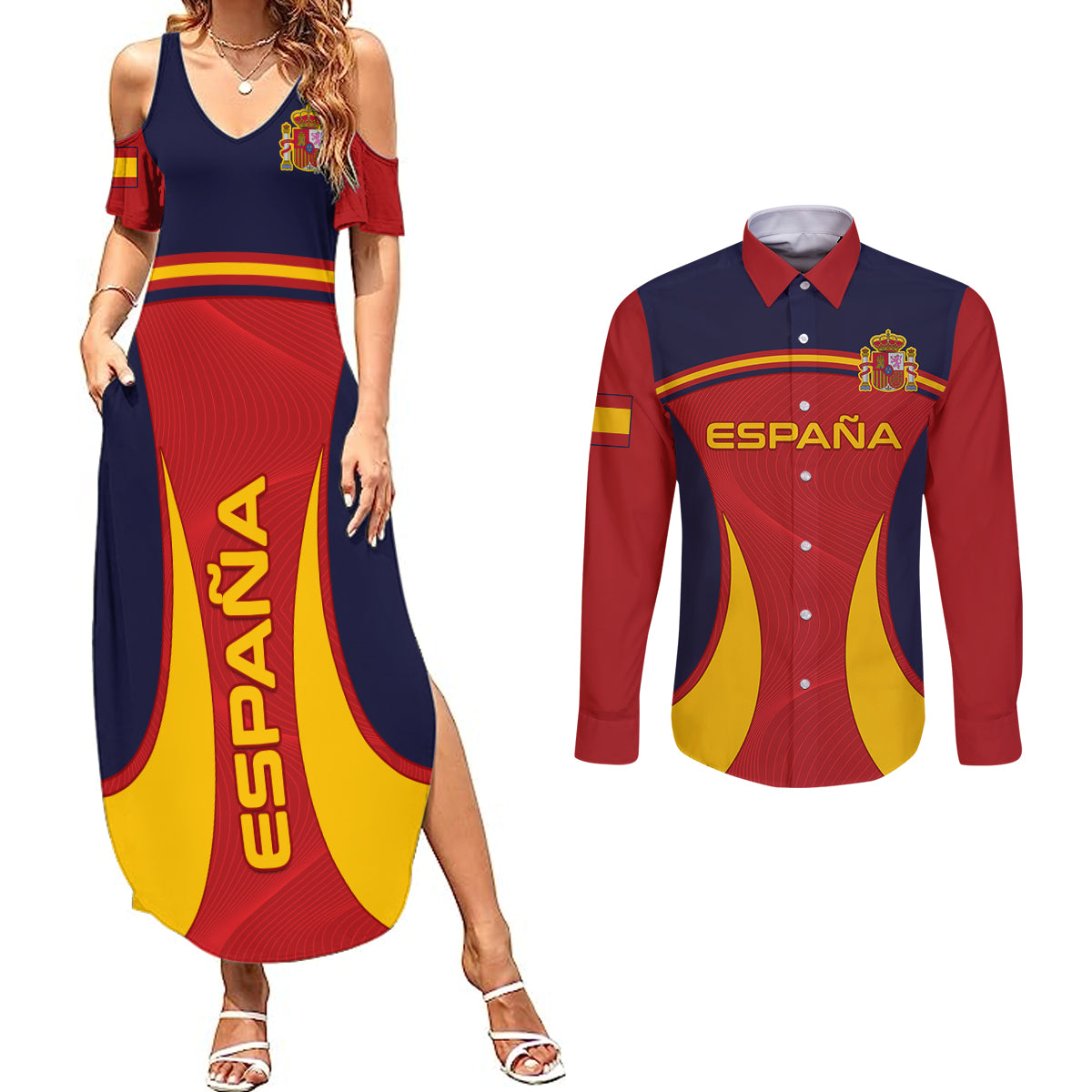 Custom Spain Football Couples Matching Summer Maxi Dress and Long Sleeve Button Shirts La Roja 2024 Sporty Style - Wonder Print Shop