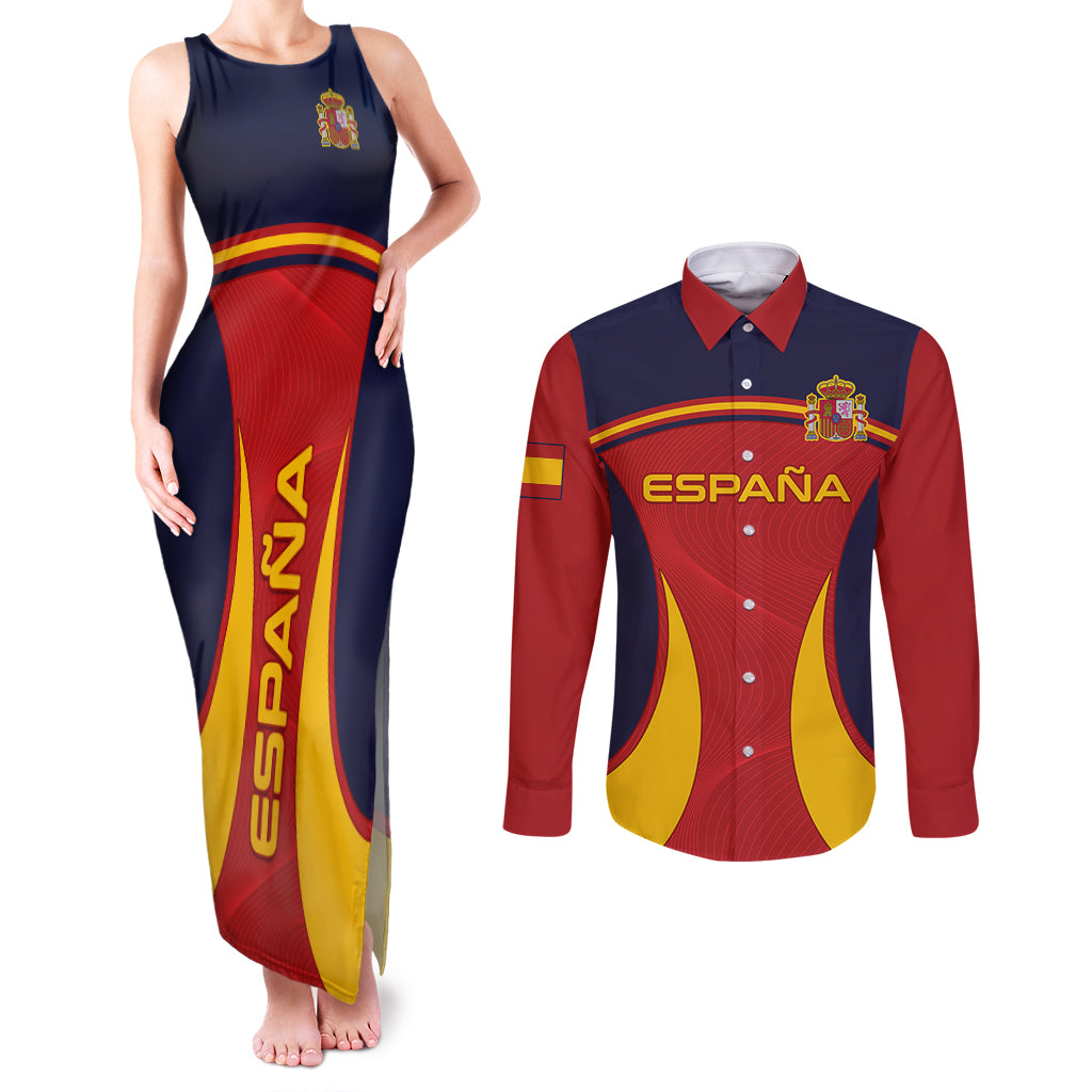 Custom Spain Football Couples Matching Tank Maxi Dress and Long Sleeve Button Shirts La Roja 2024 Sporty Style - Wonder Print Shop