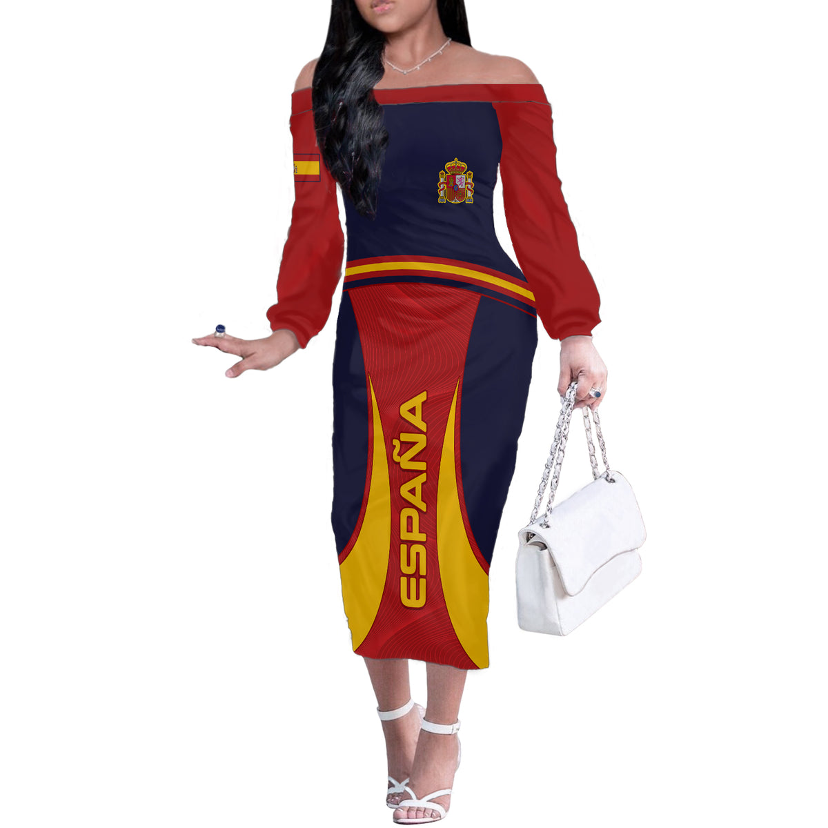 Custom Spain Football Off The Shoulder Long Sleeve Dress La Roja 2024 Sporty Style - Wonder Print Shop