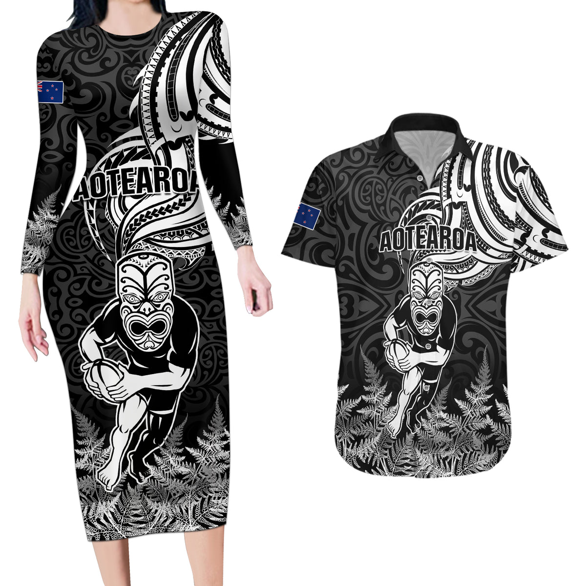 New Zealand Silver Fern Rugby Couples Matching Long Sleeve Bodycon Dress and Hawaiian Shirt Maori Tiki Player With Ta Moko Tribal - Wonder Print Shop