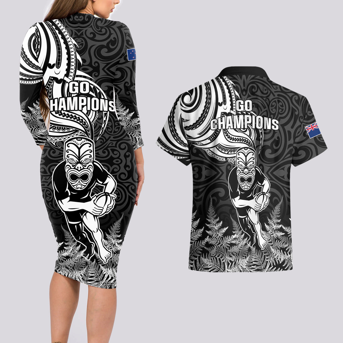 New Zealand Silver Fern Rugby Couples Matching Long Sleeve Bodycon Dress and Hawaiian Shirt Maori Tiki Player With Ta Moko Tribal - Wonder Print Shop