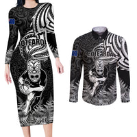 New Zealand Silver Fern Rugby Couples Matching Long Sleeve Bodycon Dress and Long Sleeve Button Shirts Maori Tiki Player With Ta Moko Tribal - Wonder Print Shop