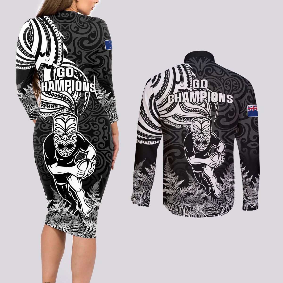 New Zealand Silver Fern Rugby Couples Matching Long Sleeve Bodycon Dress and Long Sleeve Button Shirts Maori Tiki Player With Ta Moko Tribal - Wonder Print Shop