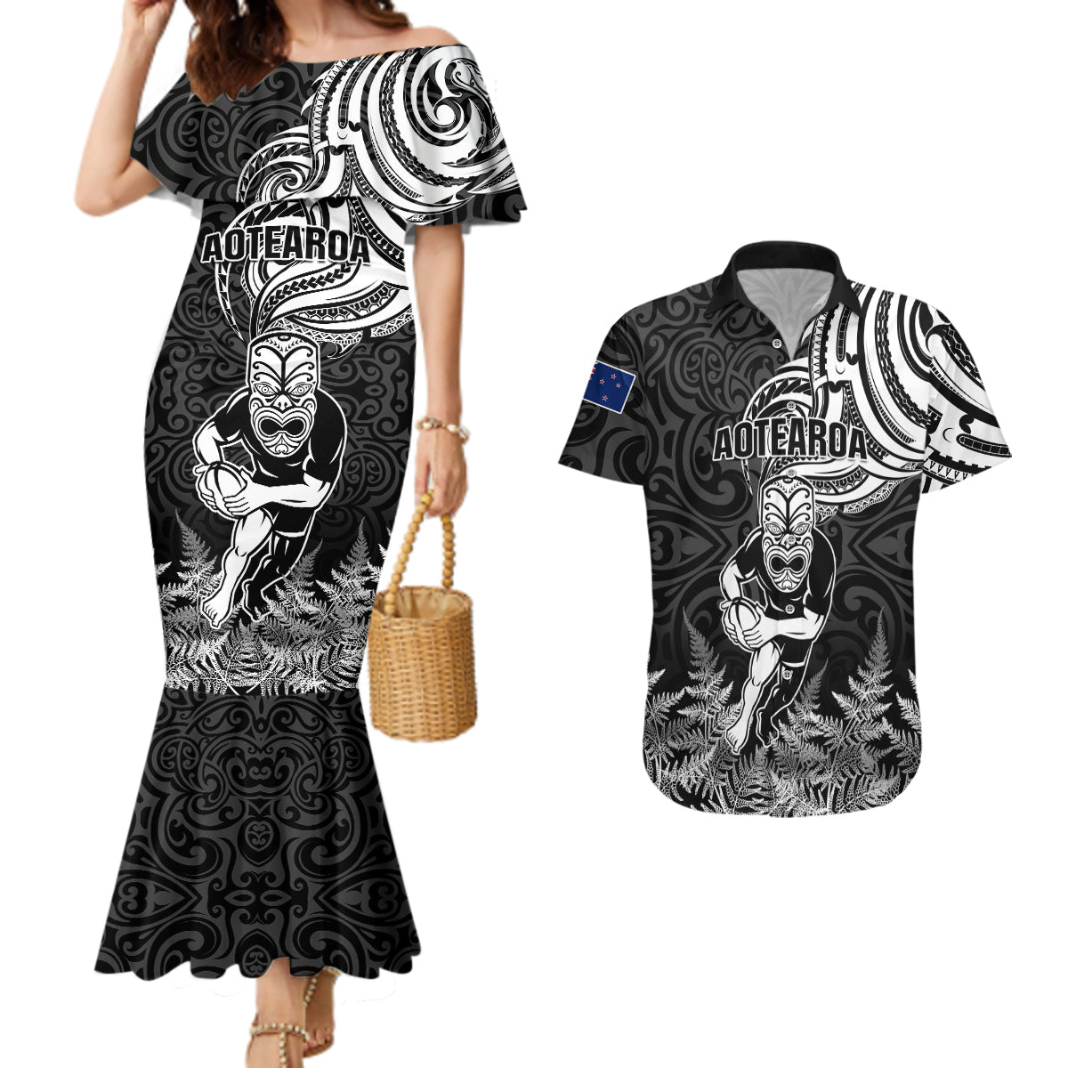 New Zealand Silver Fern Rugby Couples Matching Mermaid Dress and Hawaiian Shirt Maori Tiki Player With Ta Moko Tribal - Wonder Print Shop