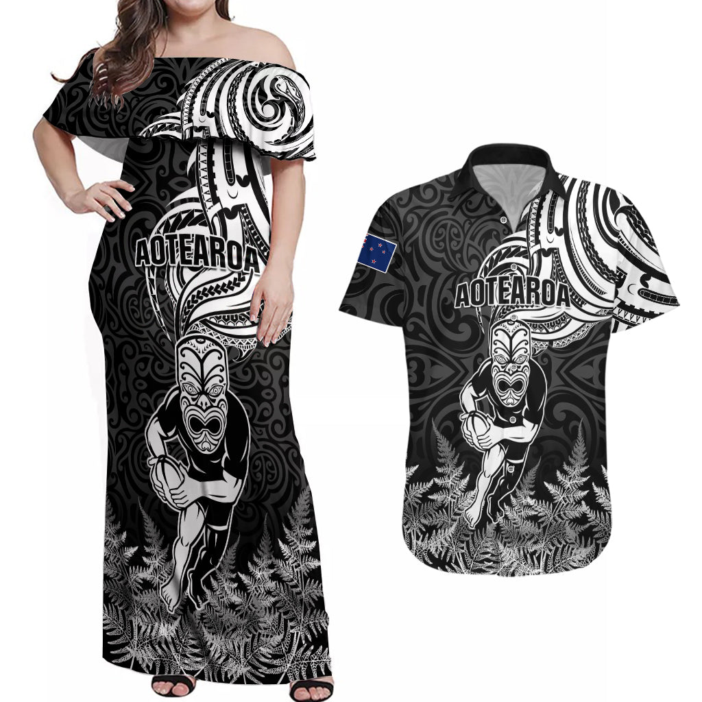 New Zealand Silver Fern Rugby Couples Matching Off Shoulder Maxi Dress and Hawaiian Shirt Maori Tiki Player With Ta Moko Tribal - Wonder Print Shop