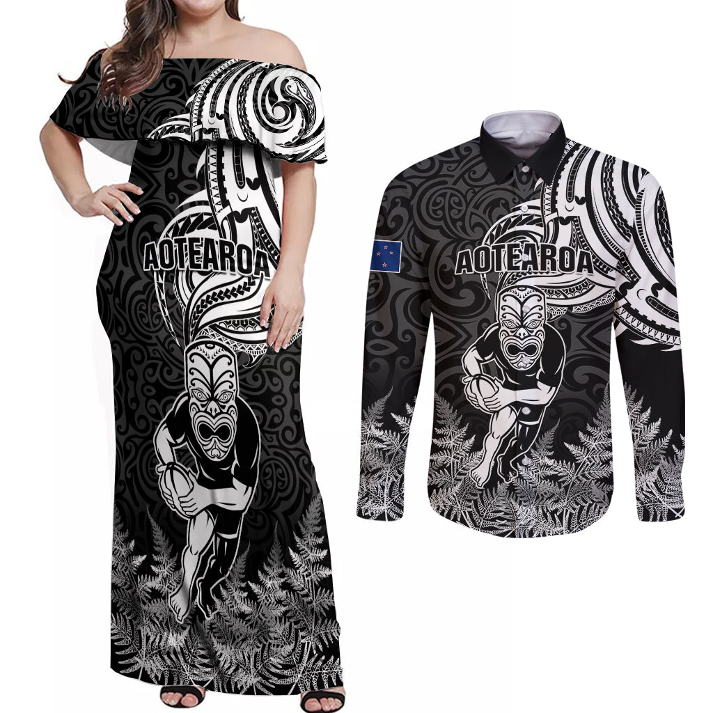 New Zealand Silver Fern Rugby Couples Matching Off Shoulder Maxi Dress and Long Sleeve Button Shirts Maori Tiki Player With Ta Moko Tribal - Wonder Print Shop