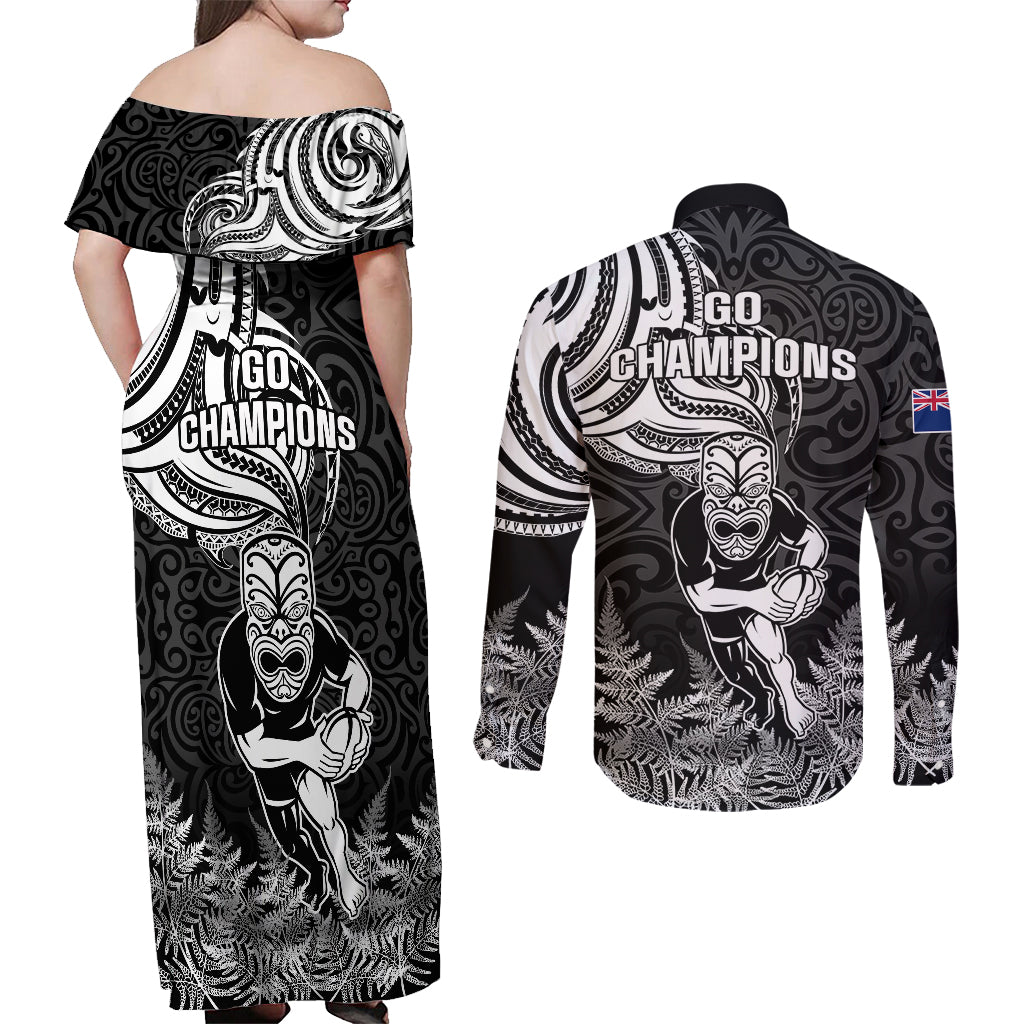 New Zealand Silver Fern Rugby Couples Matching Off Shoulder Maxi Dress and Long Sleeve Button Shirts Maori Tiki Player With Ta Moko Tribal - Wonder Print Shop