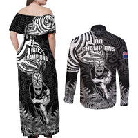 New Zealand Silver Fern Rugby Couples Matching Off Shoulder Maxi Dress and Long Sleeve Button Shirts Maori Tiki Player With Ta Moko Tribal - Wonder Print Shop