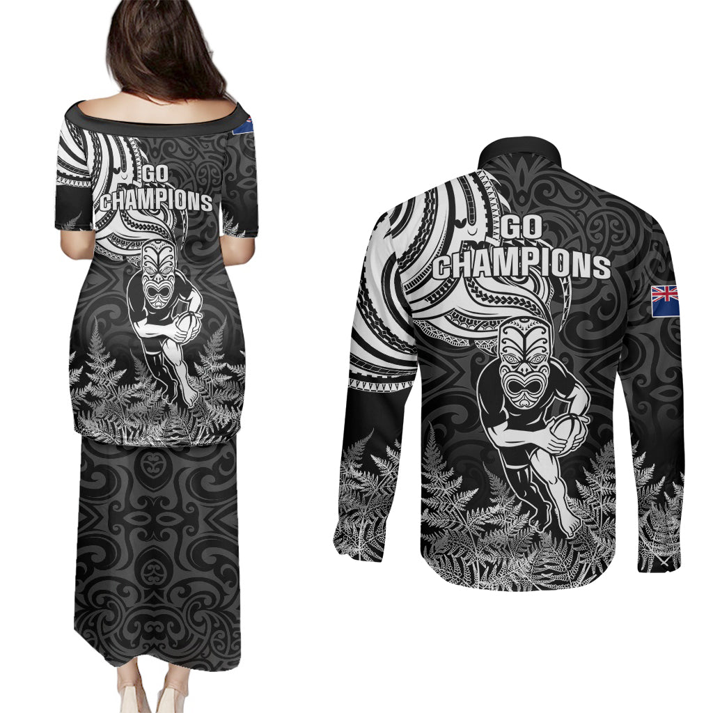 New Zealand Silver Fern Rugby Couples Matching Puletasi Dress and Long Sleeve Button Shirts Maori Tiki Player With Ta Moko Tribal - Wonder Print Shop