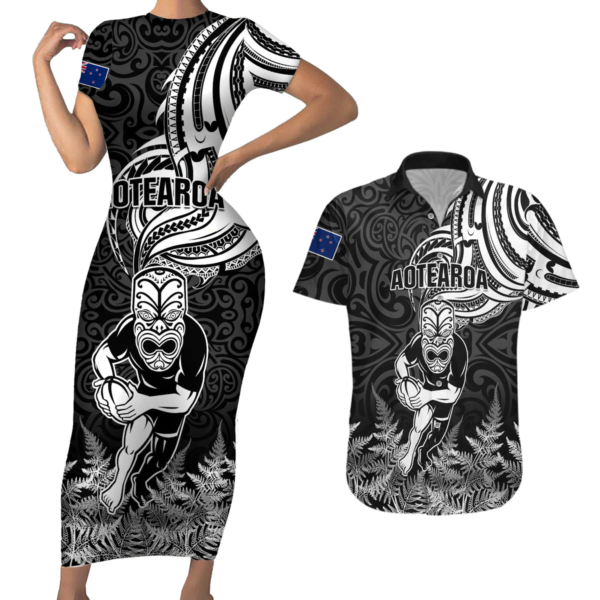 New Zealand Silver Fern Rugby Couples Matching Short Sleeve Bodycon Dress and Hawaiian Shirt Maori Tiki Player With Ta Moko Tribal - Wonder Print Shop