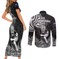 New Zealand Silver Fern Rugby Couples Matching Short Sleeve Bodycon Dress and Long Sleeve Button Shirts Maori Tiki Player With Ta Moko Tribal - Wonder Print Shop