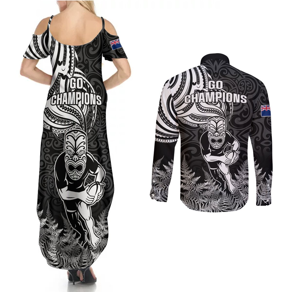 New Zealand Silver Fern Rugby Couples Matching Summer Maxi Dress and Long Sleeve Button Shirts Maori Tiki Player With Ta Moko Tribal - Wonder Print Shop