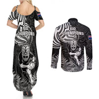 New Zealand Silver Fern Rugby Couples Matching Summer Maxi Dress and Long Sleeve Button Shirts Maori Tiki Player With Ta Moko Tribal - Wonder Print Shop