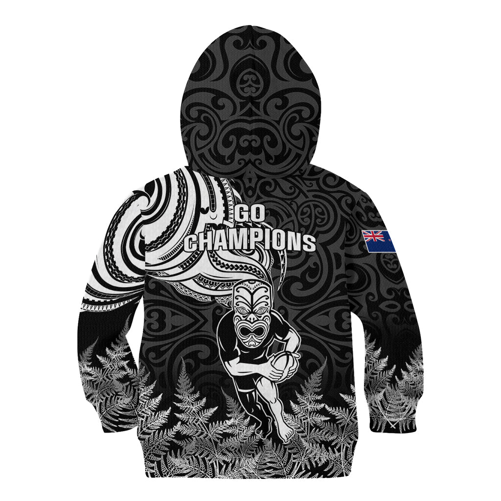 New Zealand Silver Fern Rugby Kid Hoodie Maori Tiki Player With Ta Moko Tribal - Wonder Print Shop