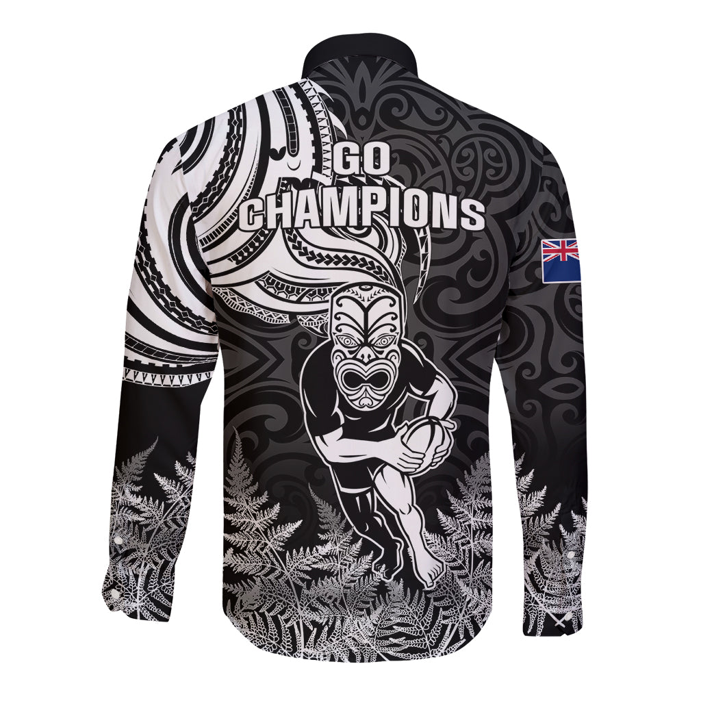 New Zealand Silver Fern Rugby Long Sleeve Button Shirt Maori Tiki Player With Ta Moko Tribal - Wonder Print Shop