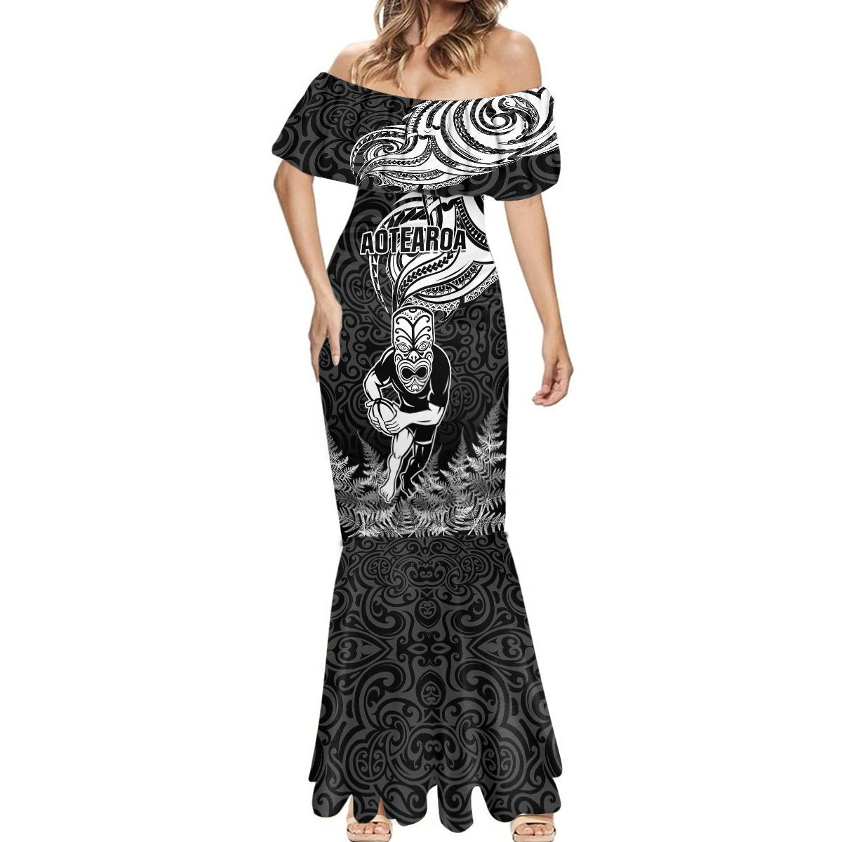 New Zealand Silver Fern Rugby Mermaid Dress Maori Tiki Player With Ta Moko Tribal - Wonder Print Shop