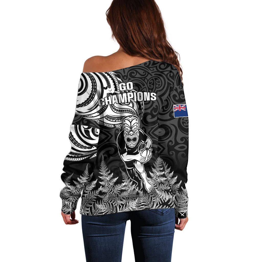 New Zealand Silver Fern Rugby Off Shoulder Sweater Maori Tiki Player With Ta Moko Tribal - Wonder Print Shop