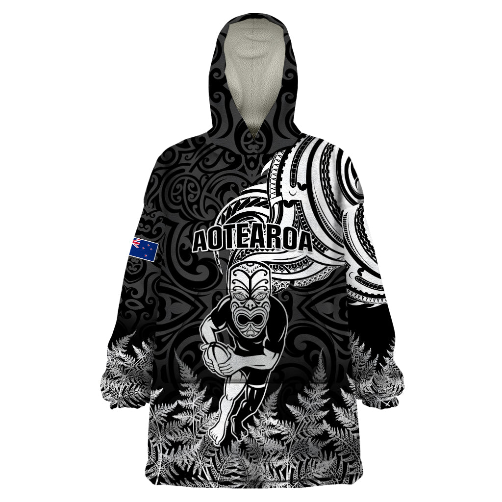 New Zealand Silver Fern Rugby Wearable Blanket Hoodie Maori Tiki Player With Ta Moko Tribal - Wonder Print Shop