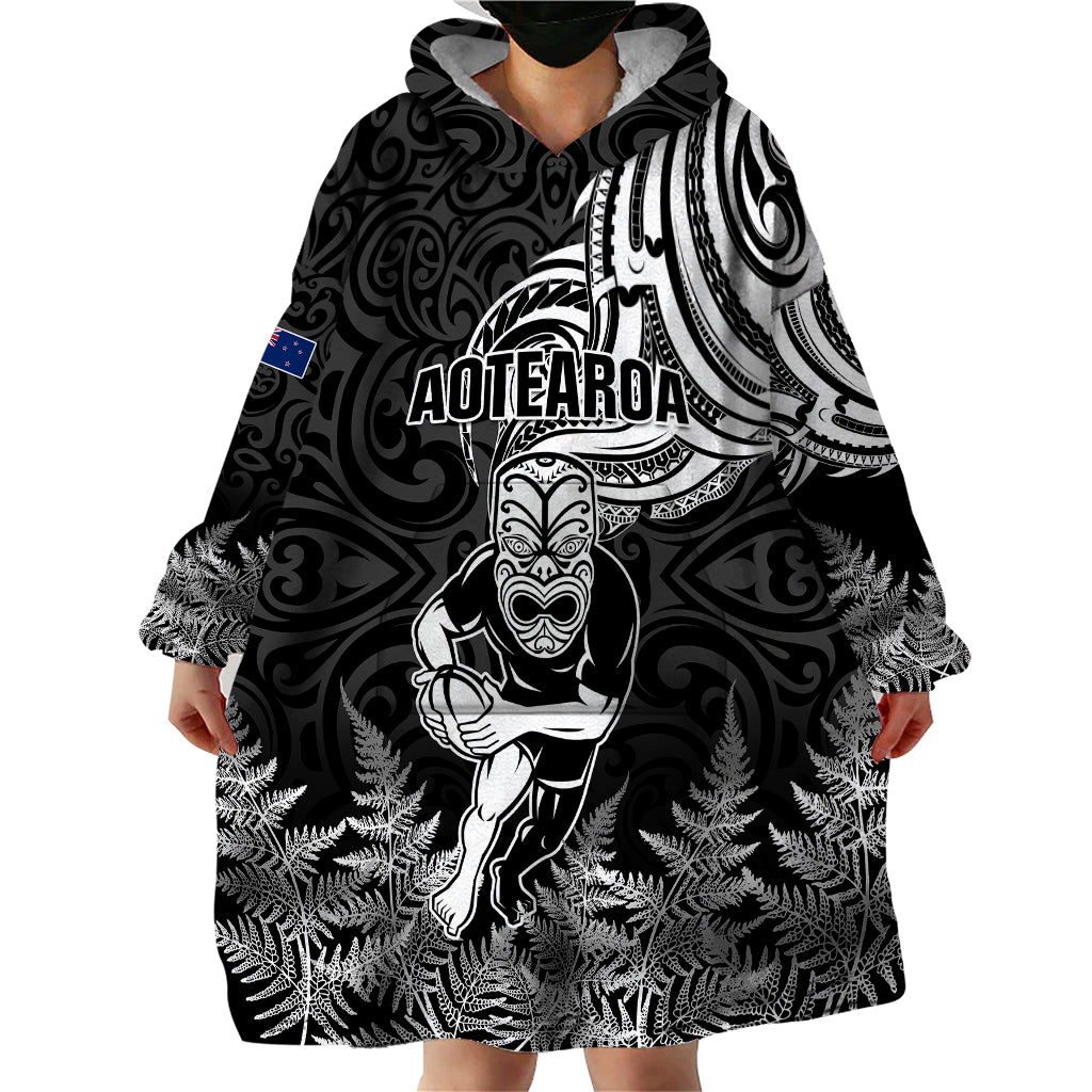 New Zealand Silver Fern Rugby Wearable Blanket Hoodie Maori Tiki Player With Ta Moko Tribal - Wonder Print Shop