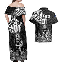 Custom New Zealand Silver Fern Rugby Couples Matching Off Shoulder Maxi Dress and Hawaiian Shirt Maori Tiki Player With Ta Moko Tribal - Wonder Print Shop