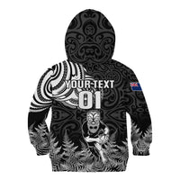 Custom New Zealand Silver Fern Rugby Kid Hoodie Maori Tiki Player With Ta Moko Tribal - Wonder Print Shop