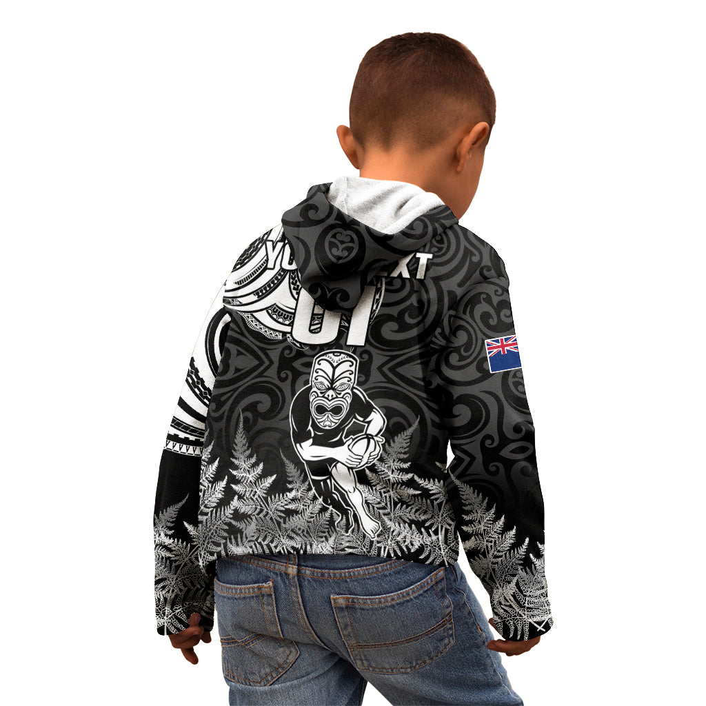 Custom New Zealand Silver Fern Rugby Kid Hoodie Maori Tiki Player With Ta Moko Tribal - Wonder Print Shop
