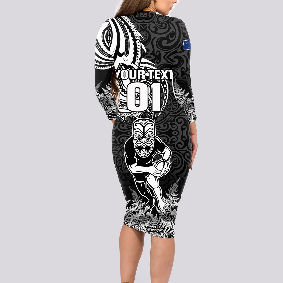 Custom New Zealand Silver Fern Rugby Long Sleeve Bodycon Dress Maori Tiki Player With Ta Moko Tribal - Wonder Print Shop
