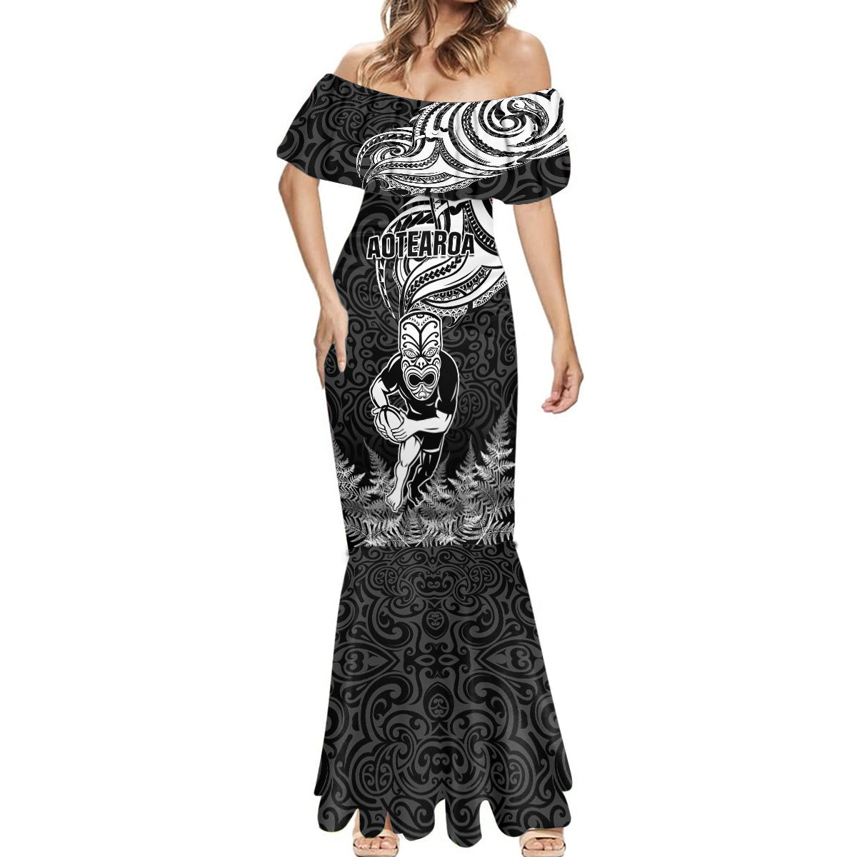 Custom New Zealand Silver Fern Rugby Mermaid Dress Maori Tiki Player With Ta Moko Tribal - Wonder Print Shop
