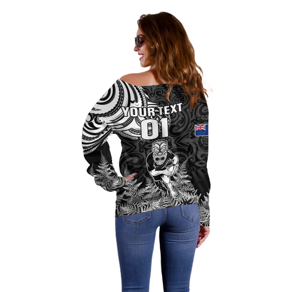 Custom New Zealand Silver Fern Rugby Off Shoulder Sweater Maori Tiki Player With Ta Moko Tribal - Wonder Print Shop