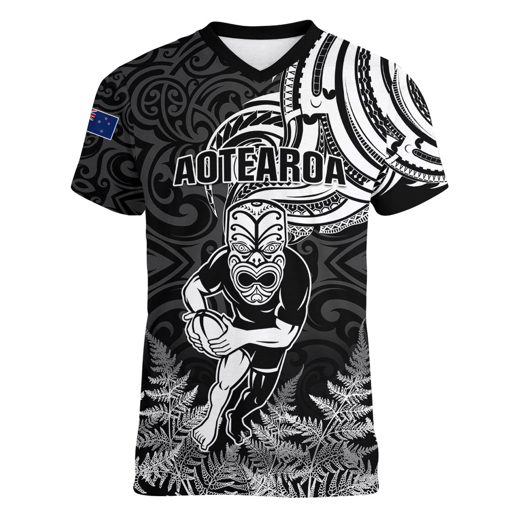 Custom New Zealand Silver Fern Rugby Women V Neck T Shirt Maori Tiki Player With Ta Moko Tribal - Wonder Print Shop