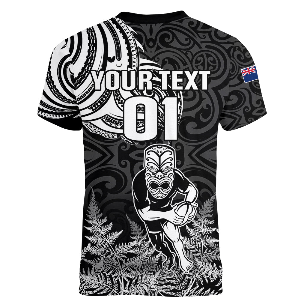 Custom New Zealand Silver Fern Rugby Women V Neck T Shirt Maori Tiki Player With Ta Moko Tribal - Wonder Print Shop