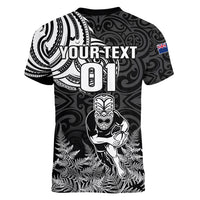 Custom New Zealand Silver Fern Rugby Women V Neck T Shirt Maori Tiki Player With Ta Moko Tribal - Wonder Print Shop
